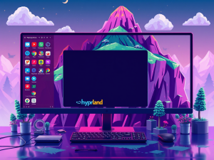 A vibrant desktop scene featuring a large monitor displaying the Hyprland interface, set against a colorful mountain landscape with cartoonish trees and a starry sky.